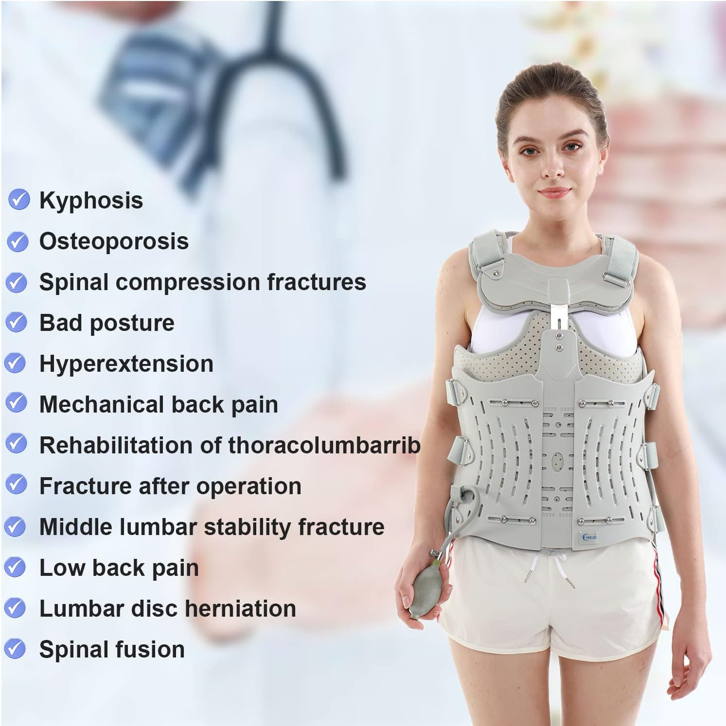 TLSO Inflatable Thoracolumbar Fixed Back Spinal Brace, Pain Relief and Straightener for Fractures Lightweight & Adjustable Back Brace for Kyphosis,Osteoporosis,Mild Scoliosis & Post Surgery Support,